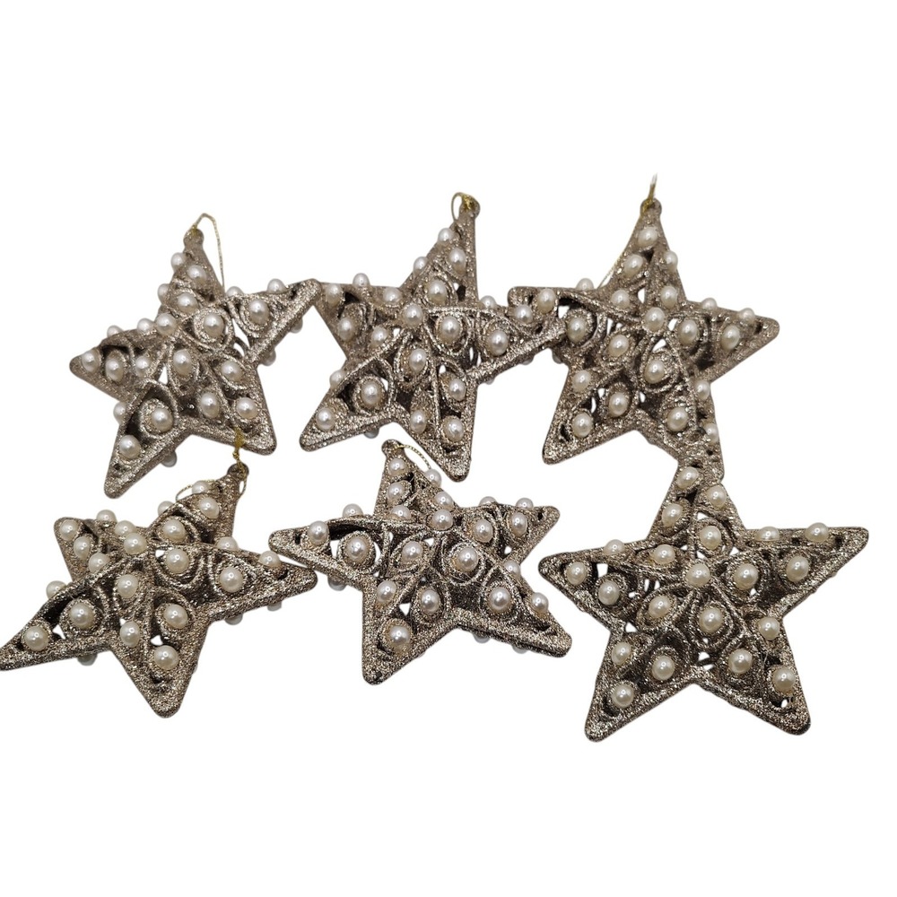Glitter Christmas Ornaments Silver Gold Tone Faux Pearl Beads‎ 3D Set of Six